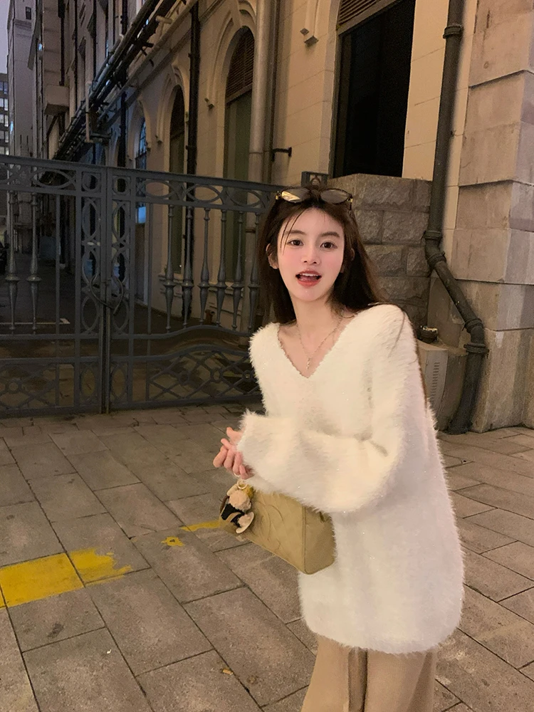 

Chen Dauyu женский свободный вязаный свитер с v-образным вырезом, зимний теплый пушистый яркий длинный топ средней длины