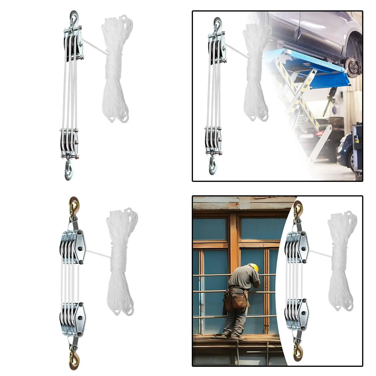 Portable Block and Tackle Pulley Hoist System Manual Rope Pulley Labor Saving for Garage Warehouse Lifting
