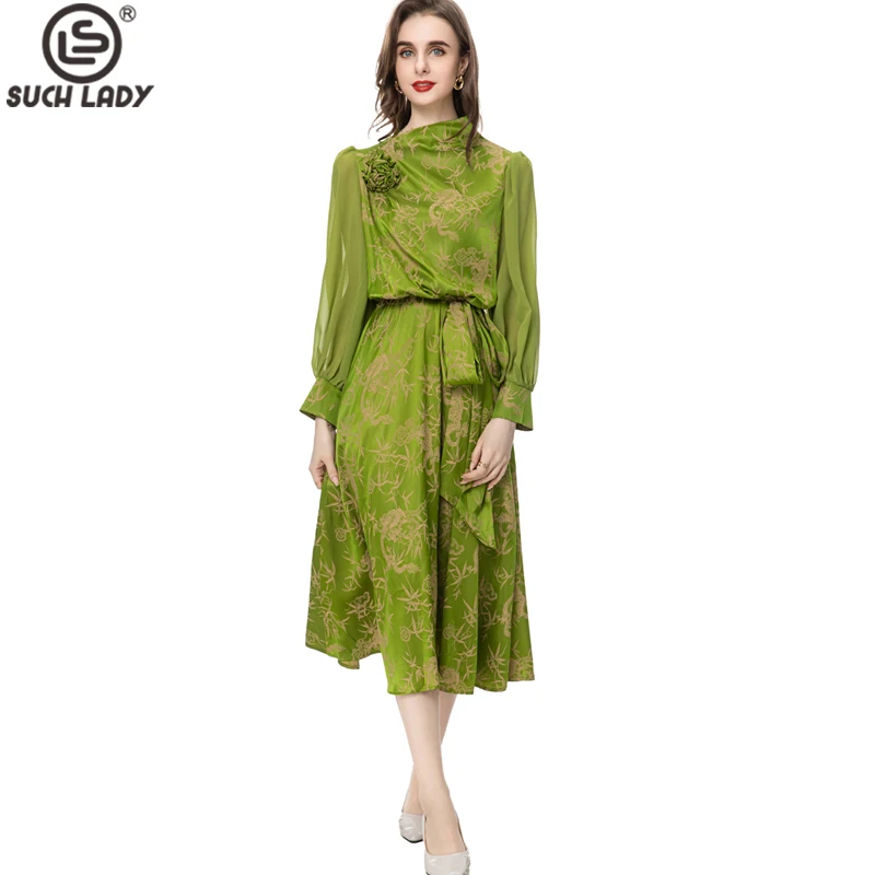 

Women's Runway Dresses O Neck Long Sleeves Printed Dobby Appliques Elegant High Street Casual Fashion Mid Vestidos