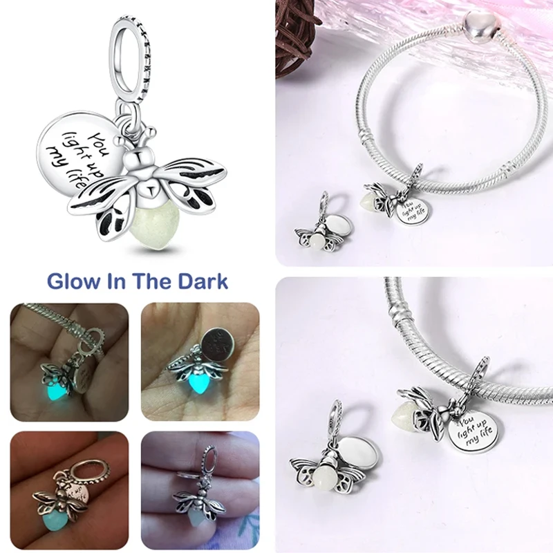 Charm 925 Silver Luminous Firefly Astronaut Aircraft Luggage Fit Pandora Bracelet Women 925 Silver Pendant Bead Jewelry Hot Gift