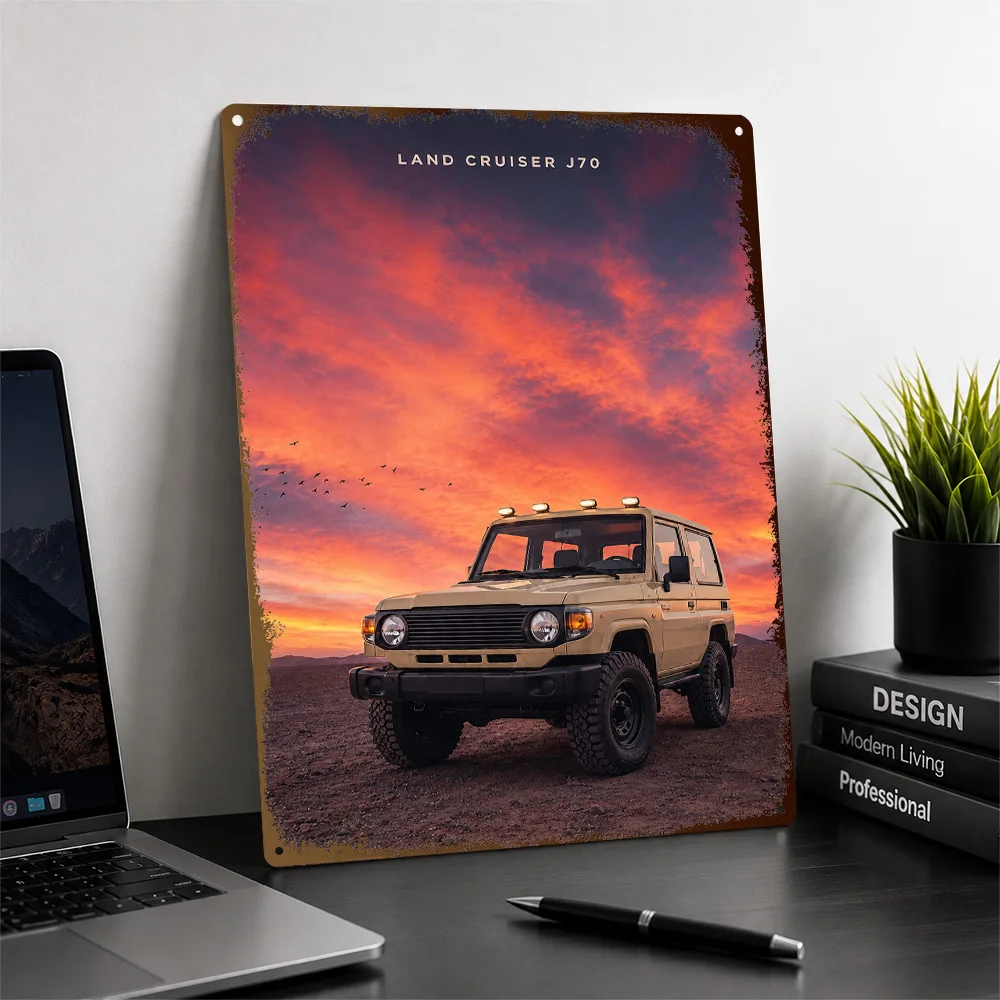 Japan Land Cruiser J70 Beige Off-Road Car Printed Poster Customized Metal Sign Desert Journey Design Wall Art Ideal For Office