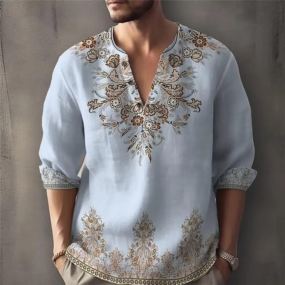 

Autumn Spring Men Shirt 3D Floral Printed Loose Fit V Neck Long Sleeves Retro Style Color Matching Pullover Vintage Casual Top