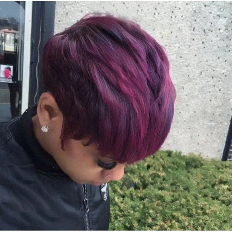 BeiSDWig باروكات صناعية مقاومة للحرارة للنساء أسود/أبيض شعر مستعار أسود قصير مع غرة بورجوندي مختلطة تسريحات الشعر الملونة E