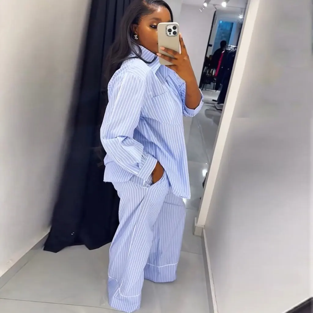 

Summer New Women's Casual Suit Blue Stripes Loose Long-Sleeved Shirt And Wide-Leg Pants European And American Style