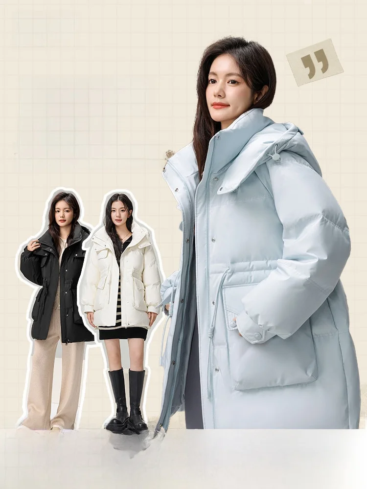 

Новая женская короткая пуховая куртка Snowy Flight 2026 весна с капюшоном, утягивающая талию, теплая, подчеркивающая индивидуальность, придающая белизну