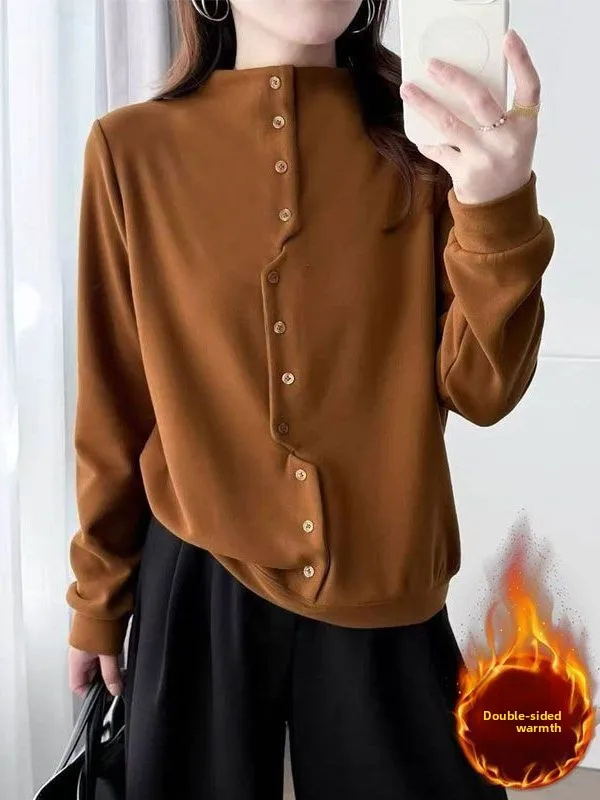 

New Half High Collar German Velvet Long Sleeve Women's Base Shirt Autumn Winter Trendy High-End Feelings Top Casual Loose Fit