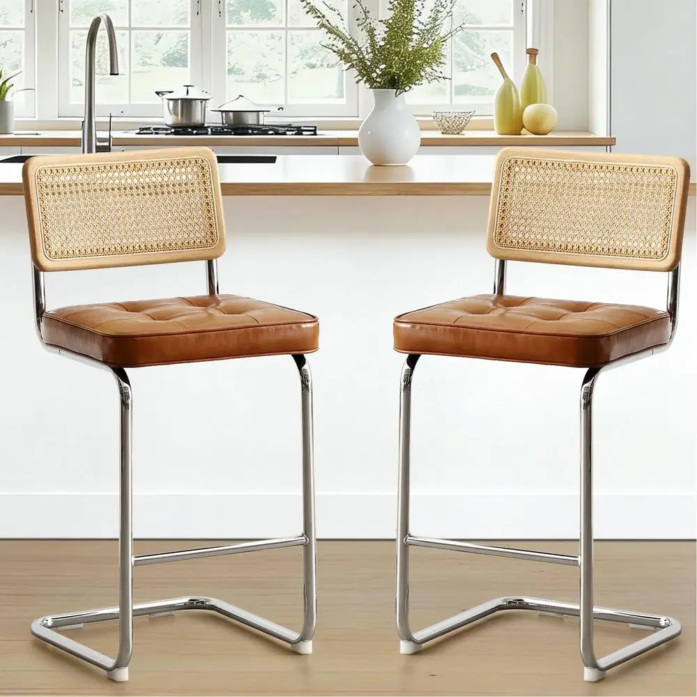 

Natural Rattan Bar Stools Set of 2, Modern Counter Height Stools with Solid Wood Back, 26 Counter Height Chairs, Mid Century Ca