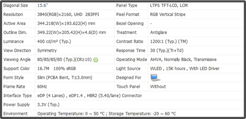 B156ZAN03.8 15.6 inch LCD Screen 4K UHD 3840x2160 IPS Panel 60Hz Laptop Display Non-touch