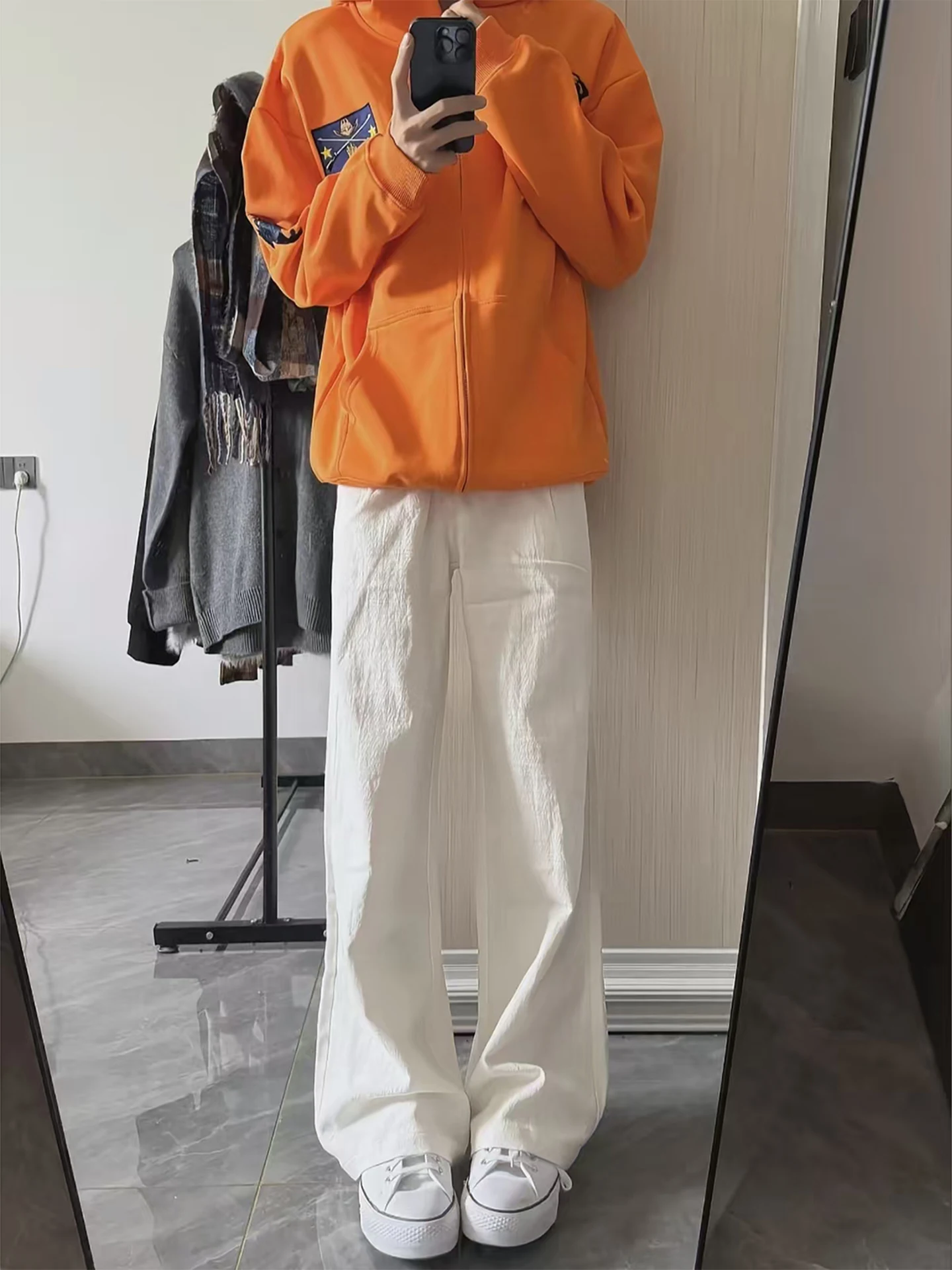 

Белые эластичные мужские джинсы в американском ретро-стиле с высокой талией, прямые, износостойкие, неэластичные, для повседневной носки, осенние