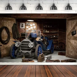 Vintage Car Fix Tools Garage Photography Backdrop For Grunge Grimy Garage Wooden Door Background Fashion Portrait Photoshoot