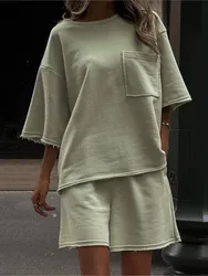 Casual Simple Short Style Sports Two Piece Set Women Solid Color Loose Half Sleeves T Shirt Shorts 2 Piece Sets Lady Streetwear
