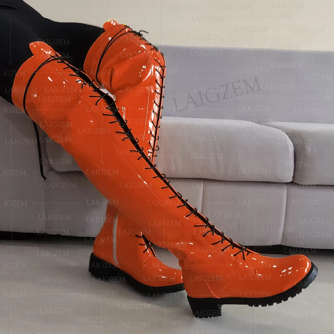 LAIGZEM النساء الفخذ الأحذية لامعة الجانب البريدي جولة تو كعب مربع الأحذية فوق الركبة للجنسين أحذية نسائية امرأة كبيرة الحجم 33 41 46 50 #5