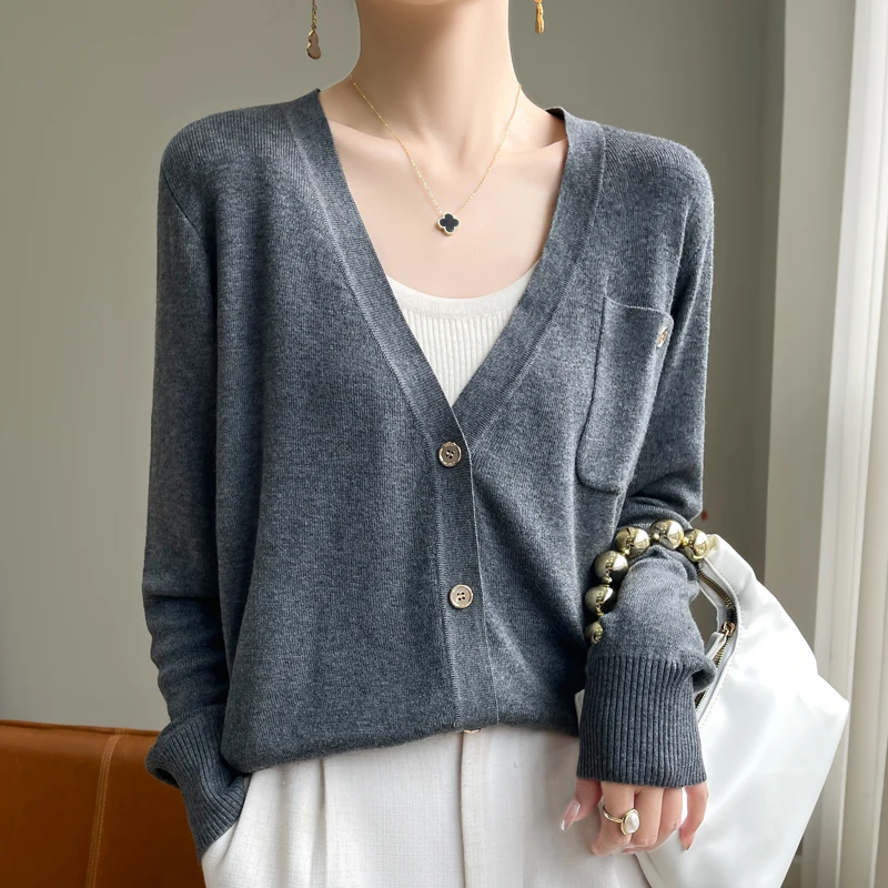 

Women's Cardigan Single Breasted All-Season Worsted Wool Sweater Casual Knitted Jacket Ladies' Tops Loose V-Neck Pocket Blouse