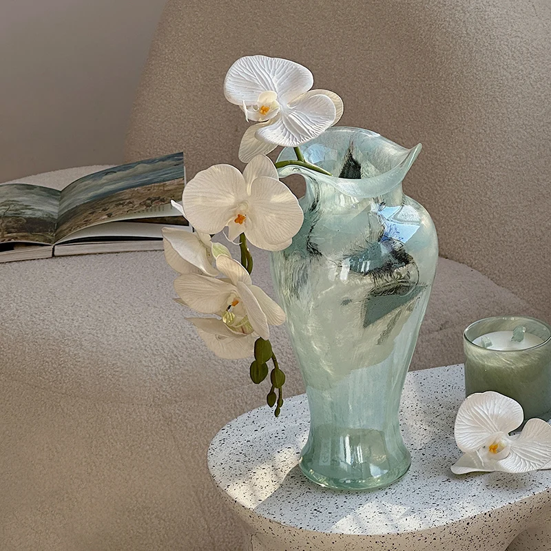 مزهرية زجاجية عتيقة على الطراز الفرنسي حاوية زهور أنيقة زرقاء لطاولة الطعام الفاخرة قطعة مركزية ديكور عرض مدخل المنزل