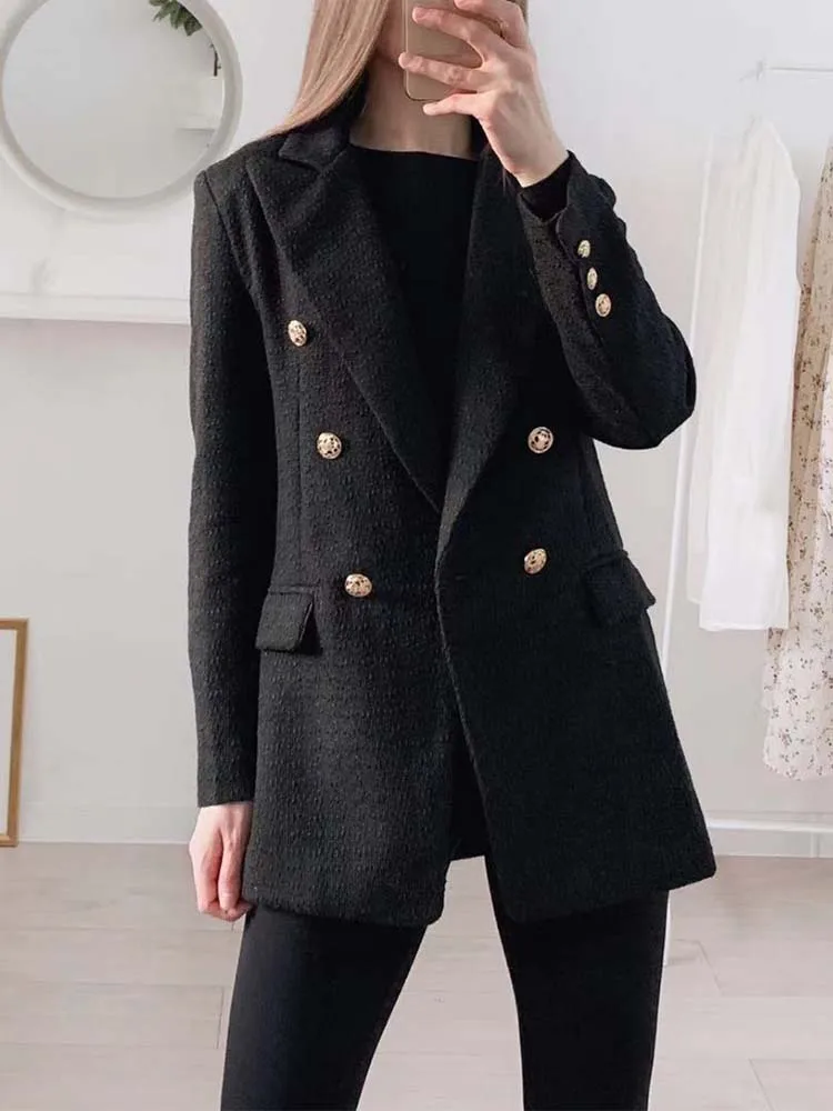 Blazer Women 2024 Traf Fashion Metal Double Breasted Woollen Blazers Coat Vintage Long Sleeve Female Outerwear Chic Tops