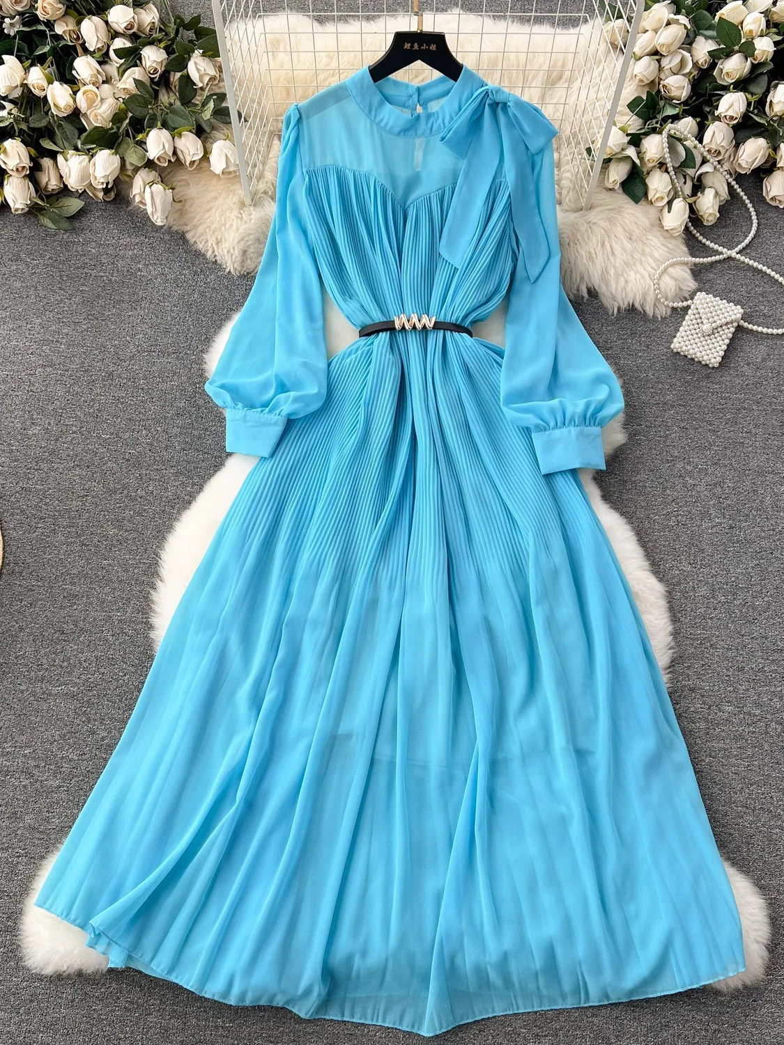 Spring Vintage Women Chiffon Long Dress Elegant Bow Collar Puff Sleeve High Waist Draped Maxi Vestidos Female Casual Robe New