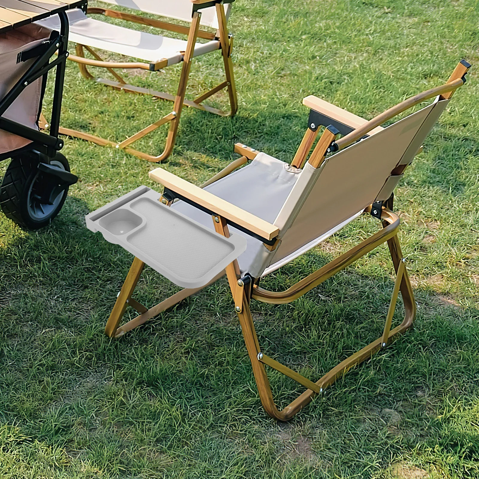 كرسي خارجي مسند ذراع صينية محمولة قابلة للطي على حامل أكواب جانبي منظم تخزين للتخييم وكراسي الحديقة على الشاطئ