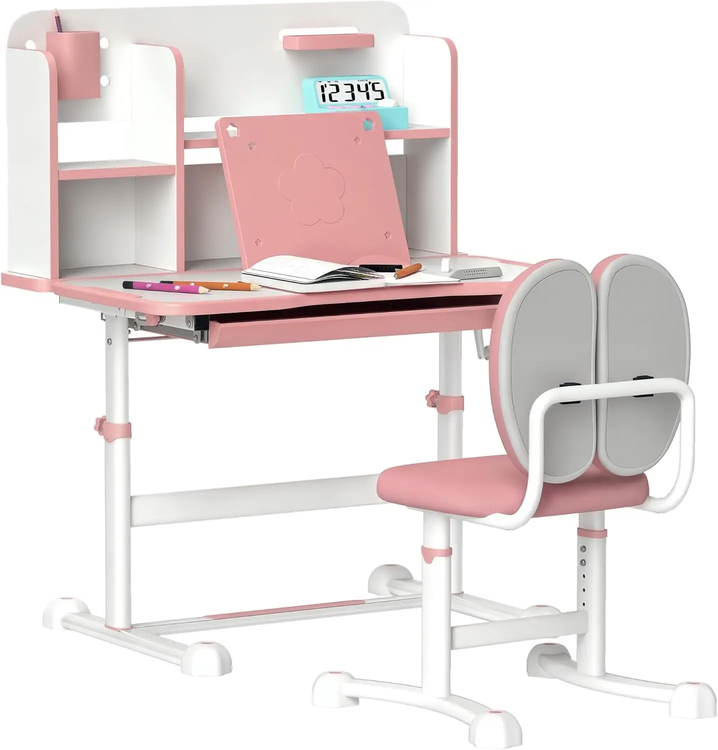 

Kids Desk Chair Set Height Adjustable Study Tilt Desktop Storage Drawer Reading Rack Writing Drawing Pink