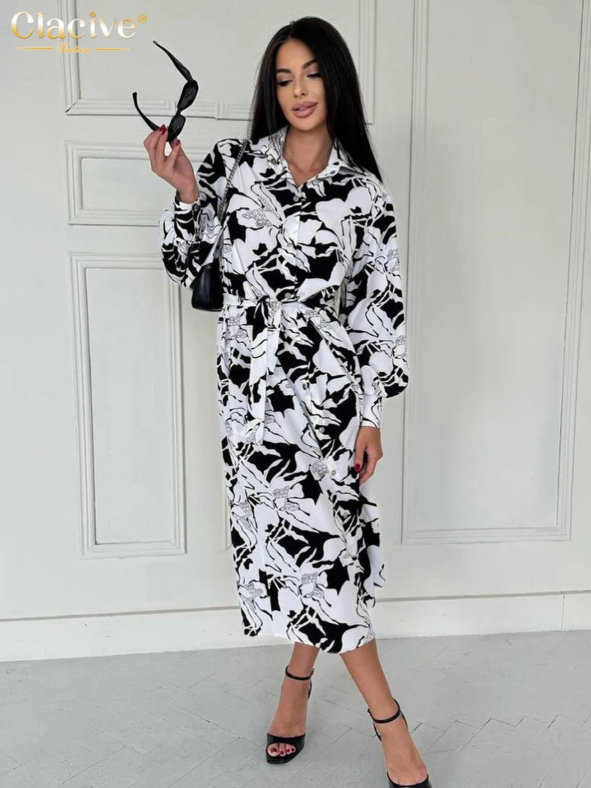 

Clacive Fashion Loose Print Women Dress 2025 Casual Lapel Long Sleeve Midi Dresses Elegant Classic Lace-Up Dress Female Clothing