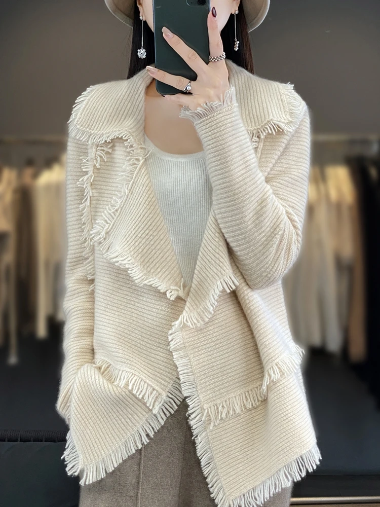 Women\'s Clothing Tassel Coat 100% Merino Wool Suit Collar Cardigan 2023 Autumn/ Winter Small Fragrance Coat Top Fashion Korean