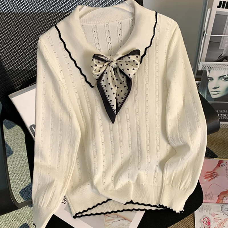 

Women White Clothing Pullover Knitting Sweater Long Sleeve Contrasting Colors Fashion Cashmere 2024 NEW Female Black Winter Tops