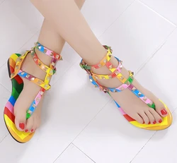 Rainbow Studded Strappy Gladiator Sandals Ankle Strap Flat Flip Flop Women Shoes  Beach Red Punk Rock Rivet Cool Girl  Shoes