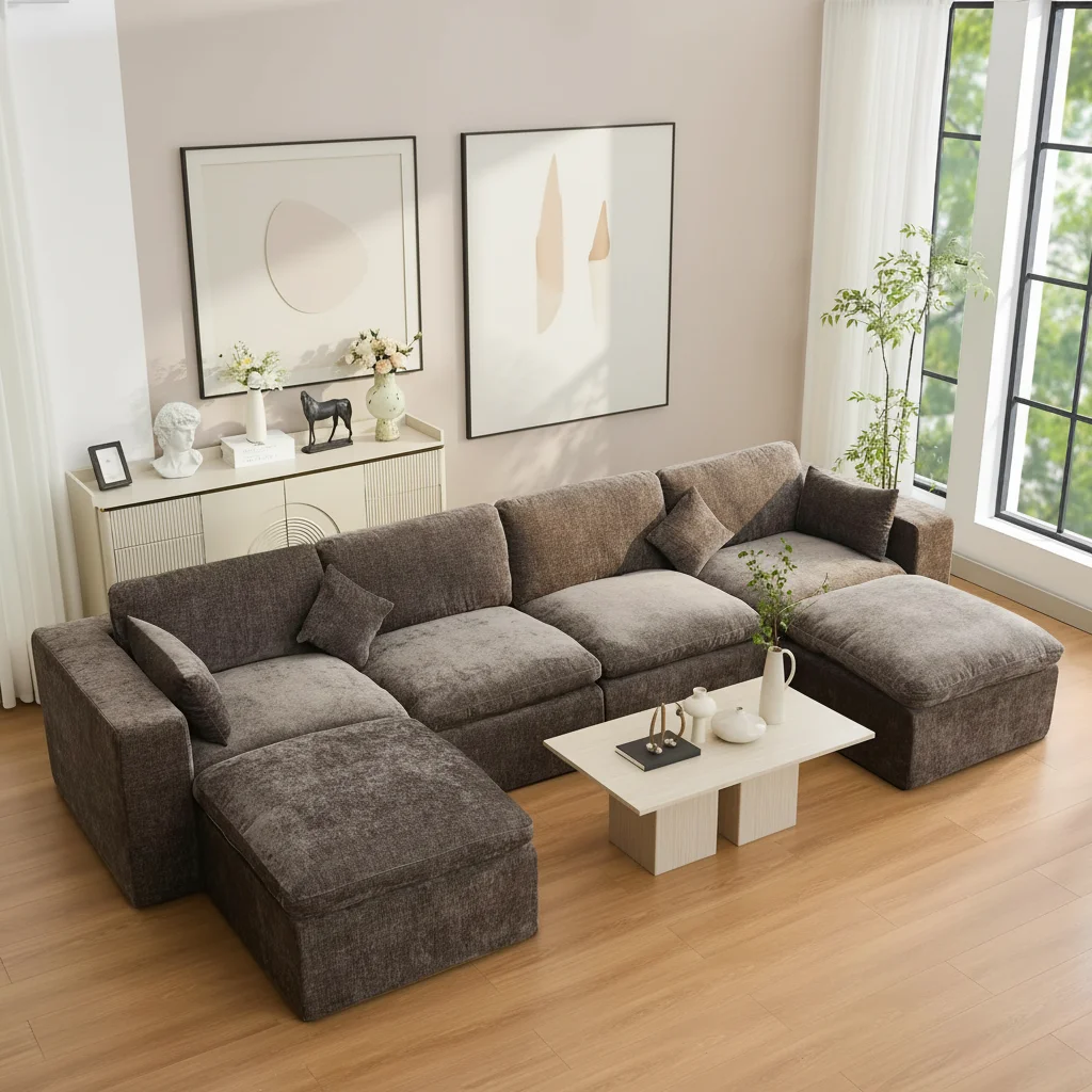 #Fabric Modular U Shape Sectional Sofa 6 Seater Oversized Lounge Couch with 2 Ottomans and Throw Pillows for Living Room