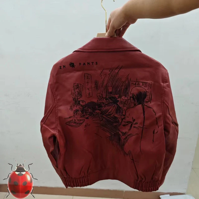 RED Red Leather Chest Embroidery Logo ENFANTS RICHES DEPRIMES Jacket Men Women Classic Zipper Oblique Pockets Coat with Dust Bag