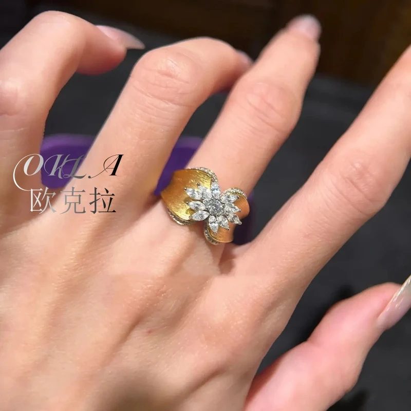 

OKLA French Style Retro Wire Craft Jewelry Gold Color Rings Inlaid White Zircon Ring Party Banquet Accessories For Women