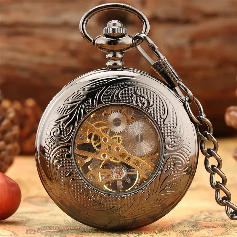 Antique Black Hollow Rhombus Case Hand Winding Mechanical Pocket Watch for Men Women Skeleton Dial Fob Chain Antique Timepiece