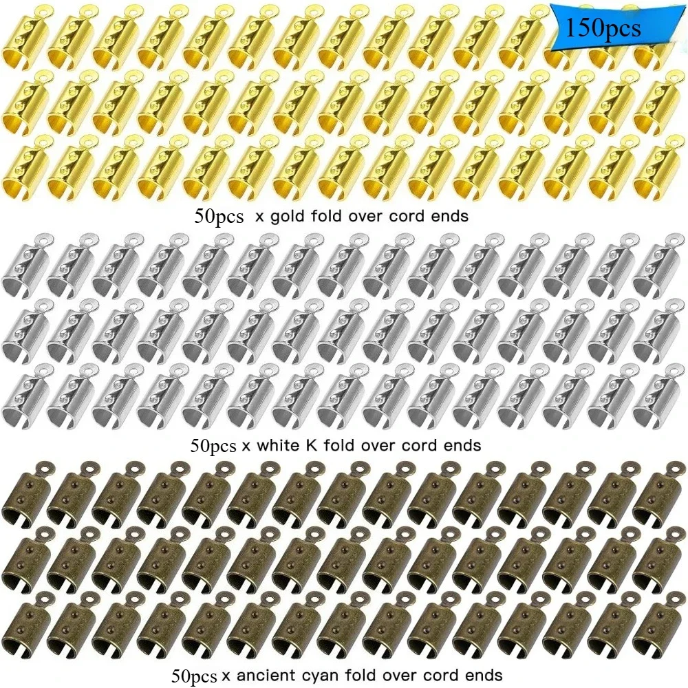 150pcs Fold Over Ends Cord End Caps Tips Crimps Leather Ribbon Clamp Fold for Jewelry Making Necklace Cord DIY Craft