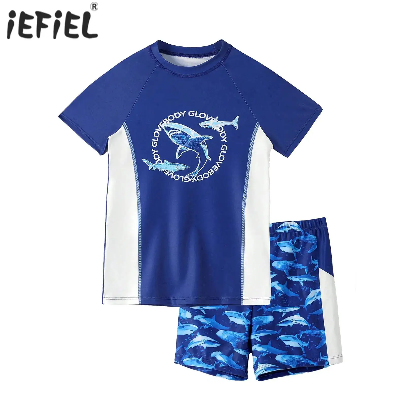 Kids Boys Quick-Drying Swimsuit Shark/Camouflage Printed Rashguard Set Swimwear Short Sleeve Top with Elastic Waistband Shorts