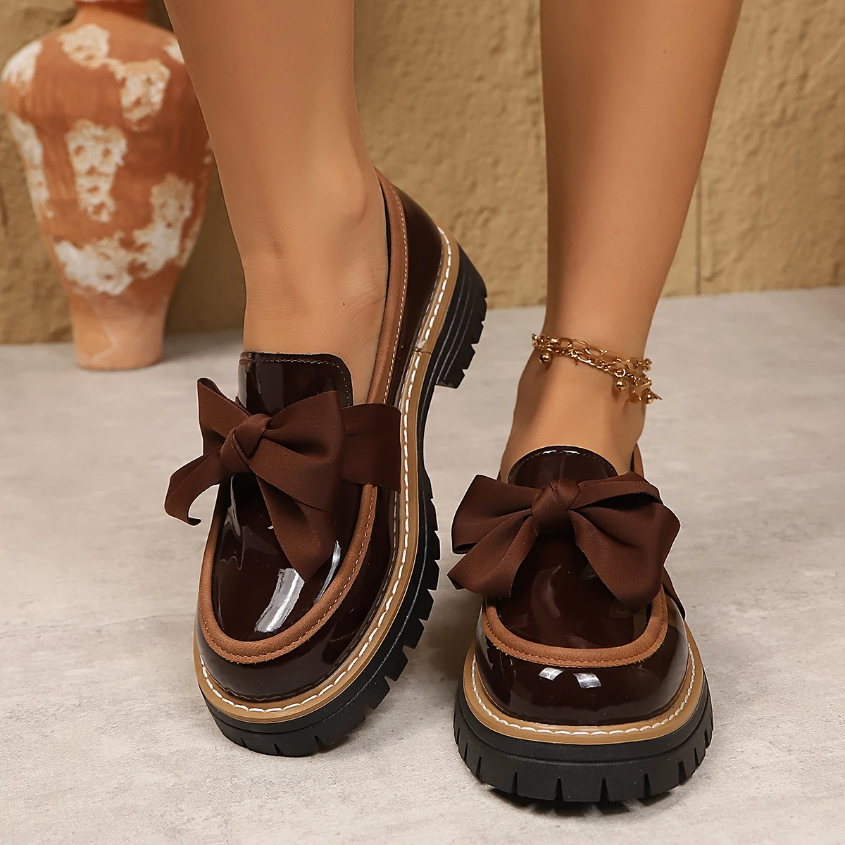 

Fashion Leather Bow Loafers, Women's Thick Platform Slip-On Shoes, Casual Preppy Style for Everyday & Outings