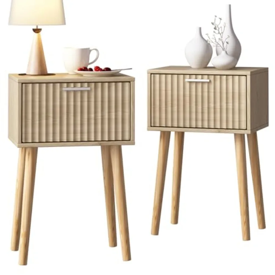 

Set of 2 Small Nightstands with Fluted Door Solid Wood Feet Modern Mid-Century Design Natural Finish Ideal for Bedroom and Smal