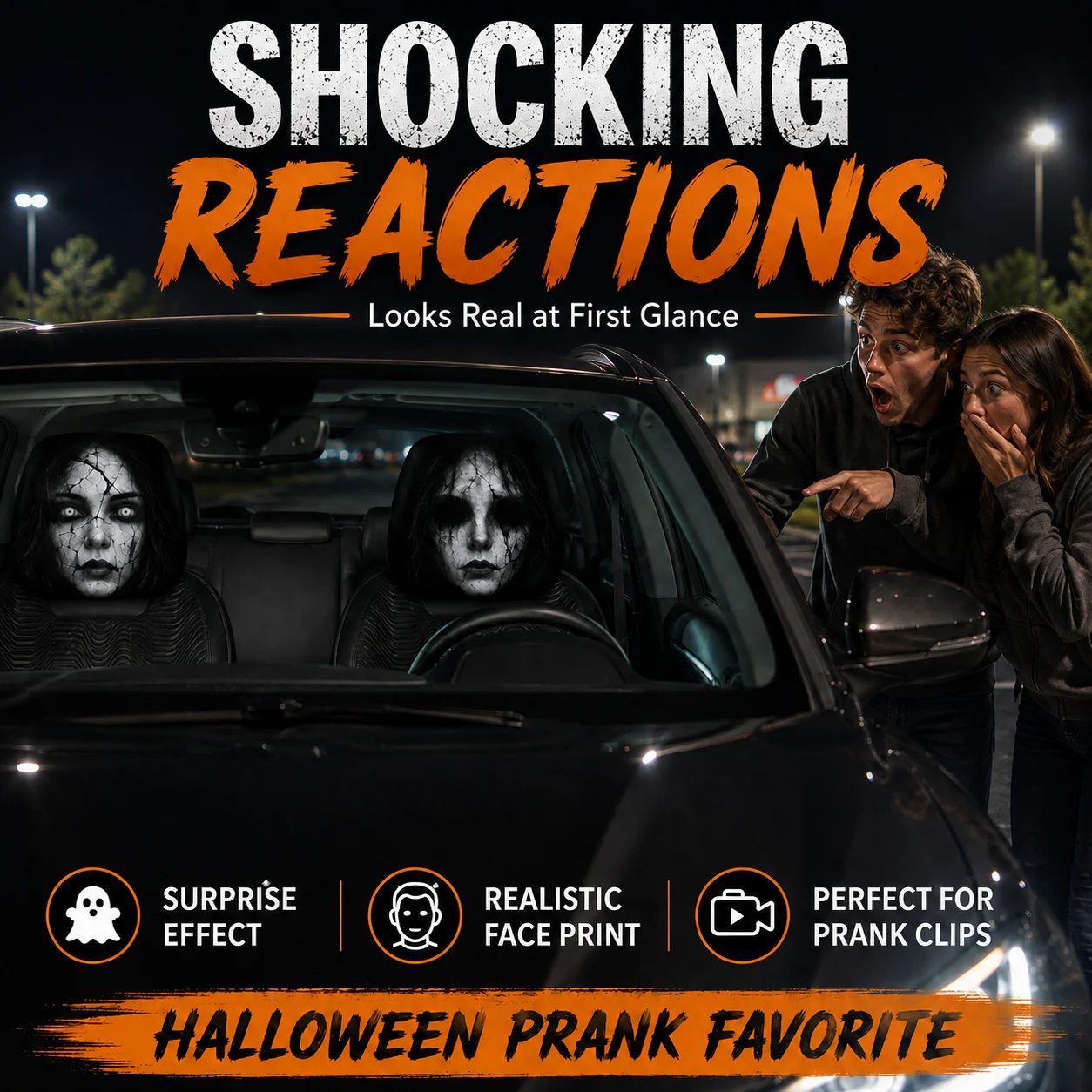 2 Pieces Halloween Horror Ghost Face Car Headrest Covers Creepy Scary Doll Face Print Spooky Prank Interior Decoration