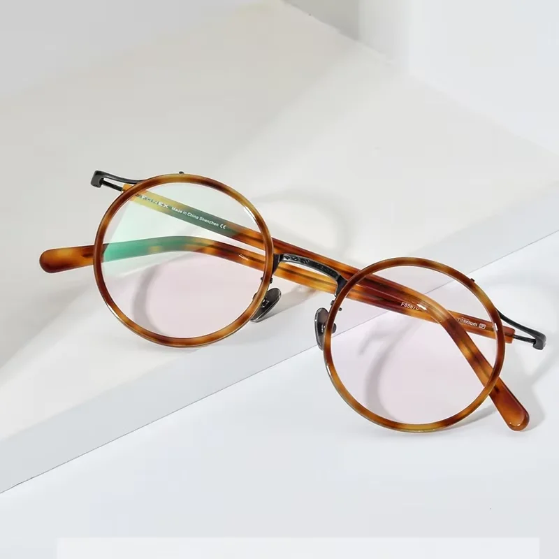 FONEX Acetate Titanium Glasses Frame Men Brand Design Vintage Retro Round Eyeglasses Women Spectacles Ultralight Eyewear 85676