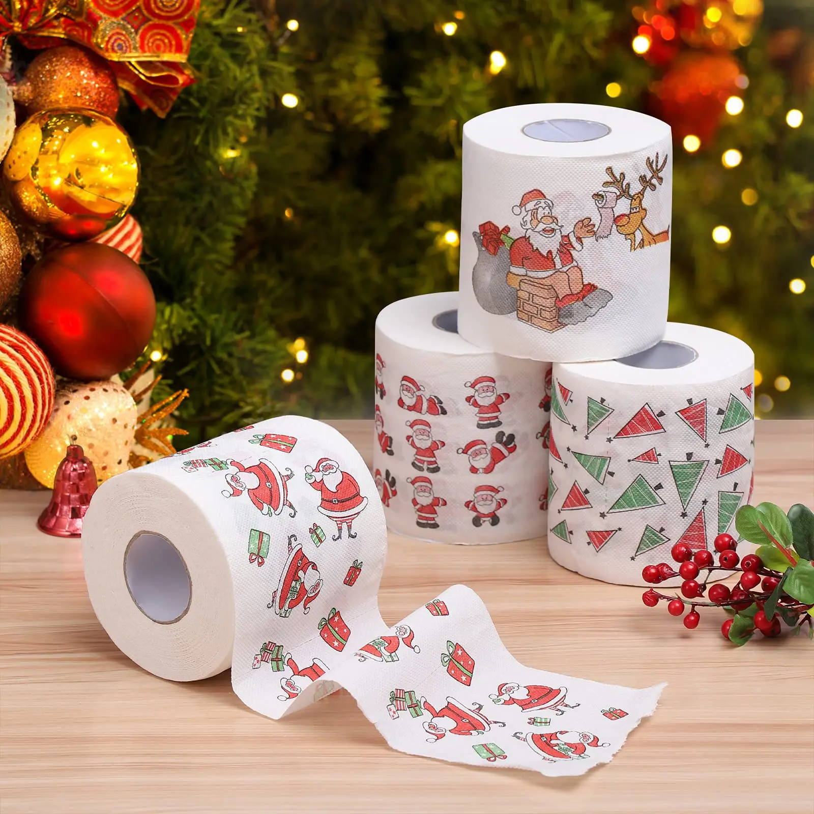 Christmas Toilet Paper Roll Tissue Napkin Santa Tree Pattern for Xmas Holiday Party Supplies Bathroom Decoration