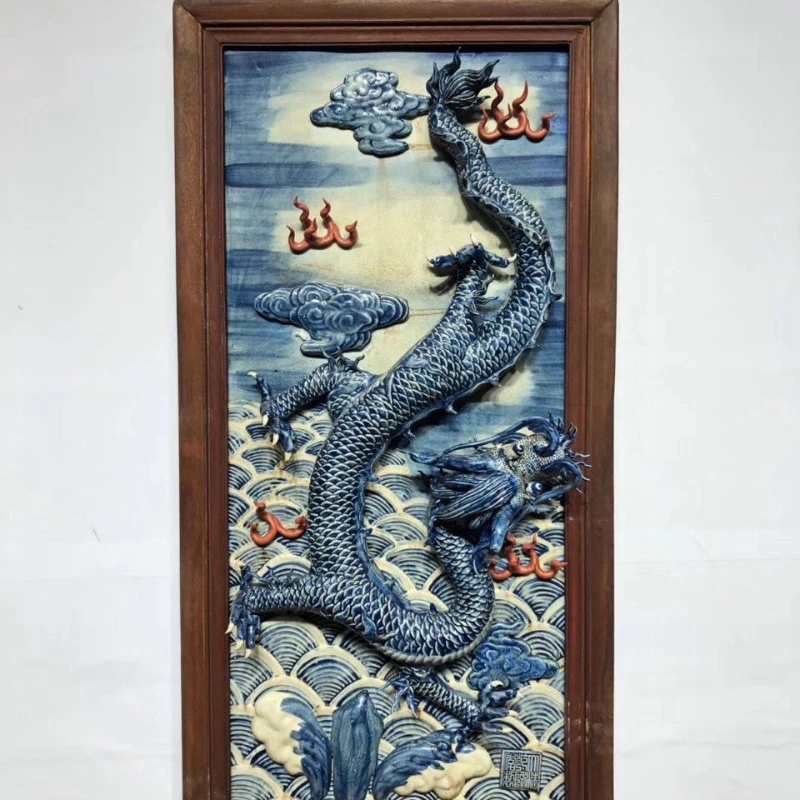 Ceramic painting relief porcelain plate painting water dragon pattern three-dimensional dragon hanging screen home decoration