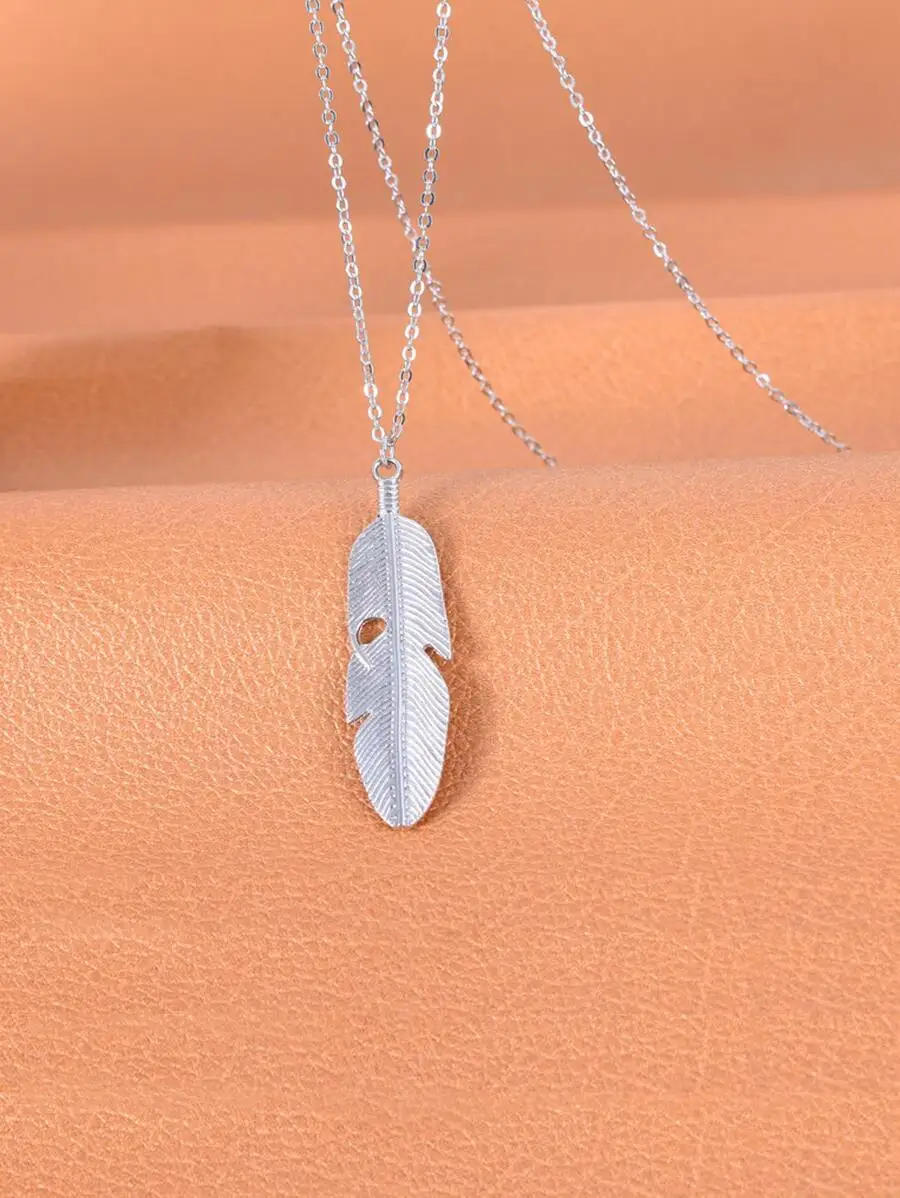 

Silver Feather Pendant Long Chain Necklace for Women and Men
