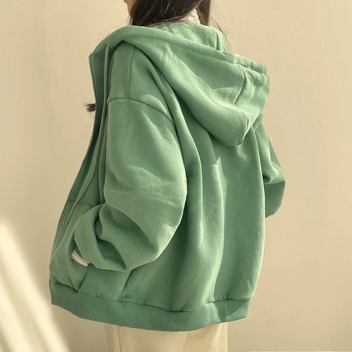 Women Hoodies 2024 Autumn Retro Solid Color Zip Up Oversized Sweatshirts Harajuku Version Long Sleeve Hooded Jackets Coat