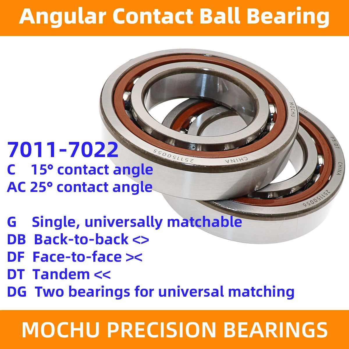 

MOCHU Bearing 7011 7012 7013 7014 7015 7016 7017 7018 7019 7020 7022 C AC P4 P5 DB DT DF DG Angular Contact Ball Bearings