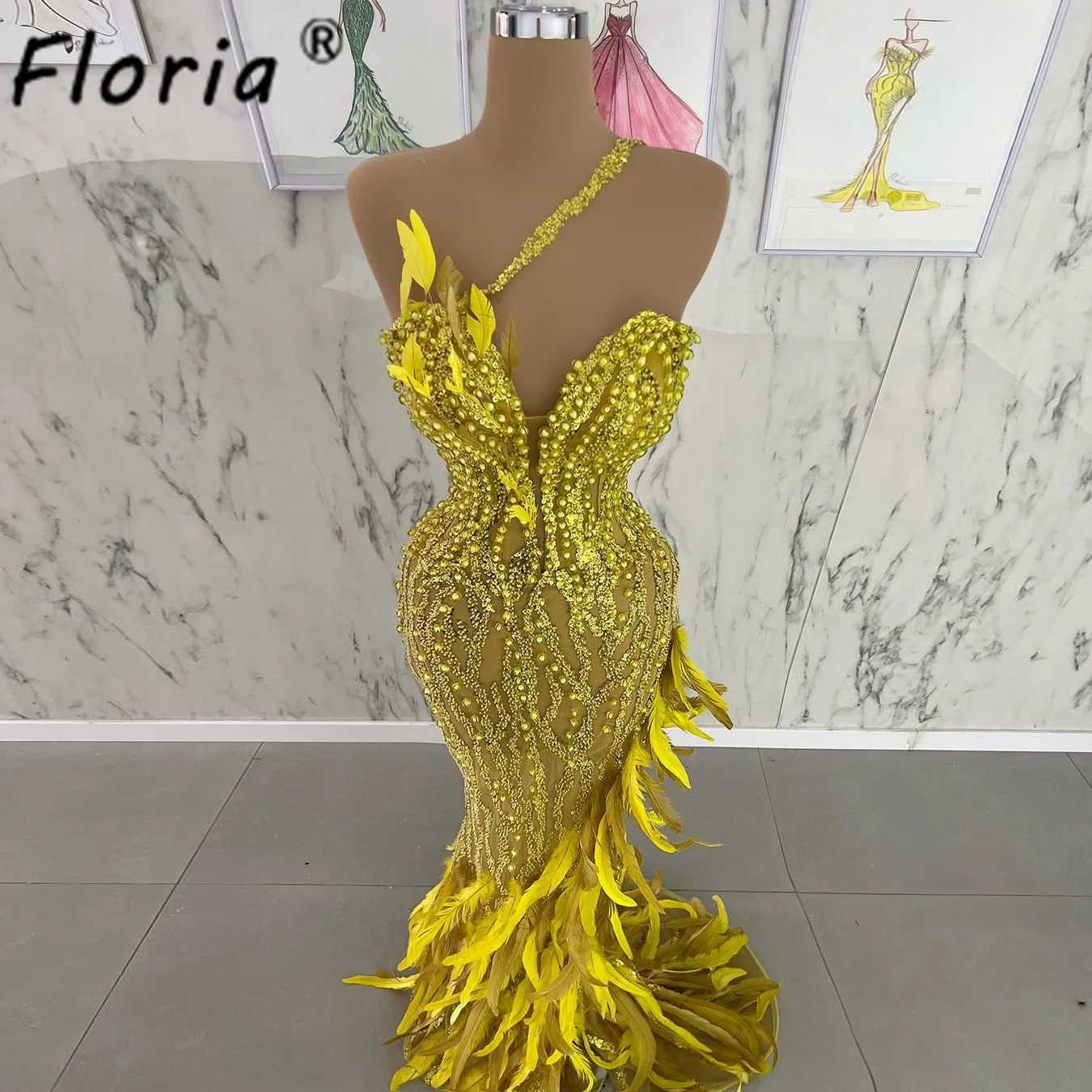 Exquisite Gold Feathers Mermaid Prom Gown Glitter Bead Pearls Sexy Evening Dresses Cocktail Dress Customized Robe De Mariée 2025