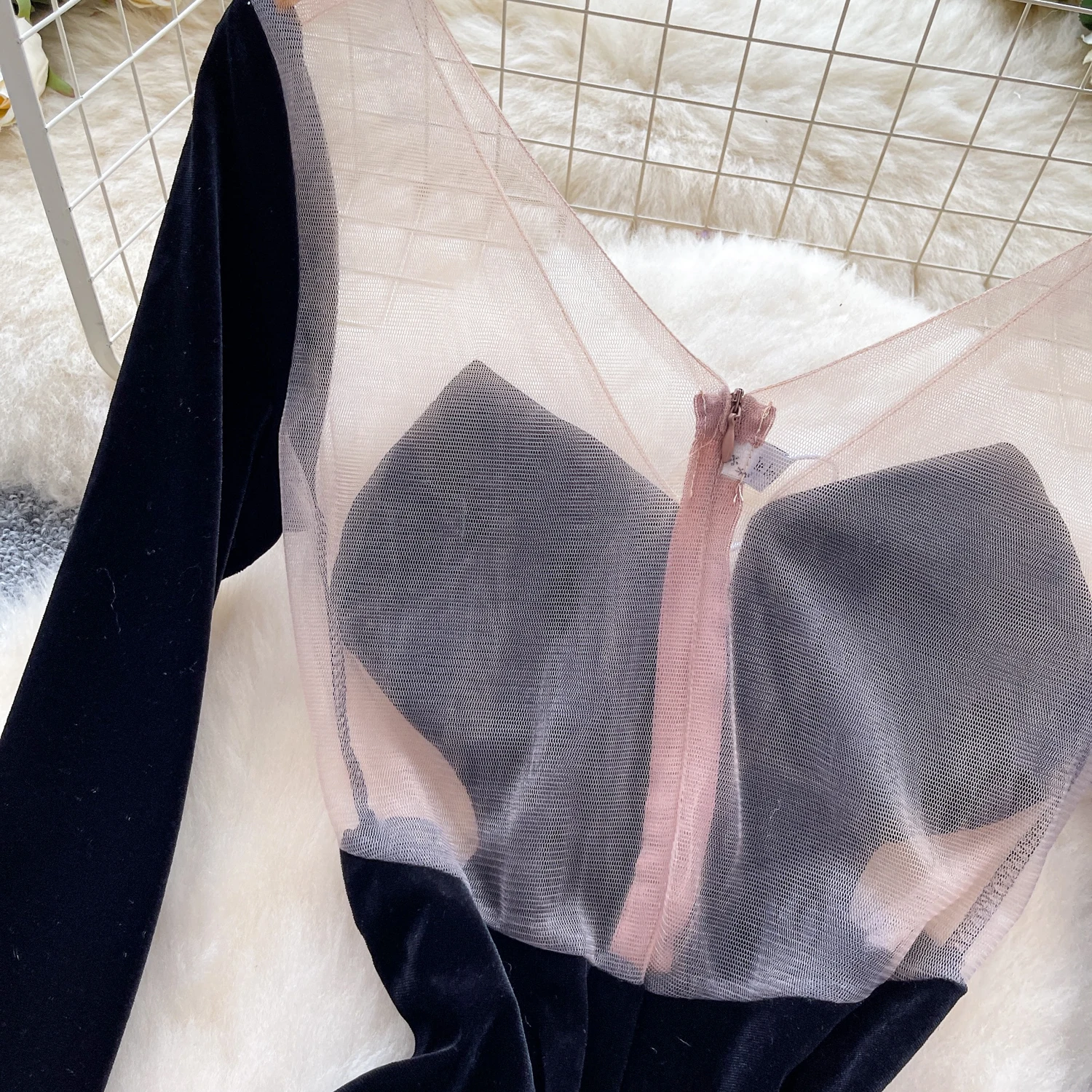 Seksowna, elegancka sukienka z weluru, asymetryczna, z siateczką, szykowna, vintage, damska, codzienna, odzież damska w stylu high street.