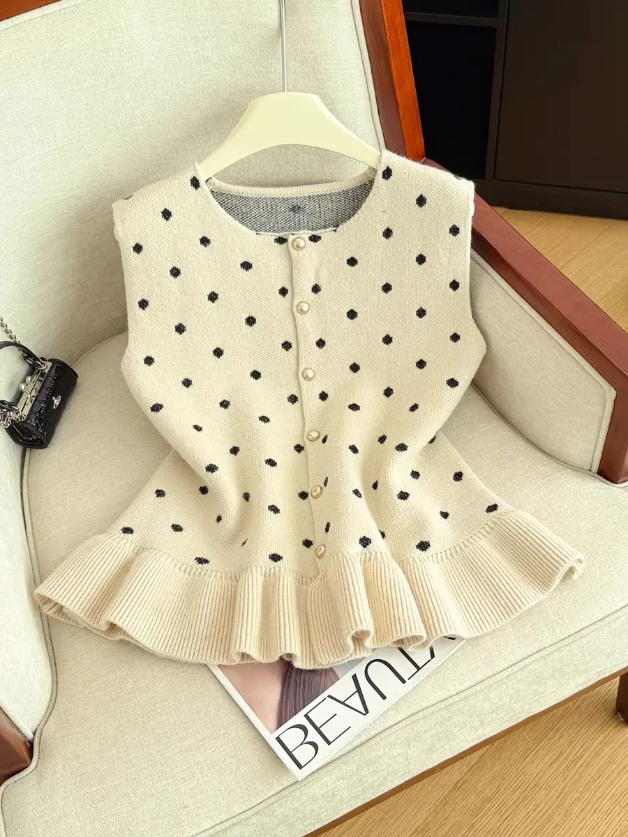 

Korean Sle Sweet Polka Dot Svel Vest Cardigan Women's Autumn Winter Layering Design Unique Personali Versatile Top