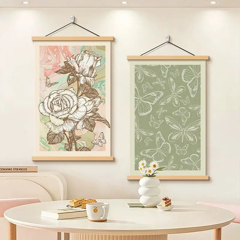 Japandi Wall Art – Oriental Crane Bird Scroll Set, Green Landscape & Calligraphy Print for TV Cabinet, Tea Room & Zen Nook