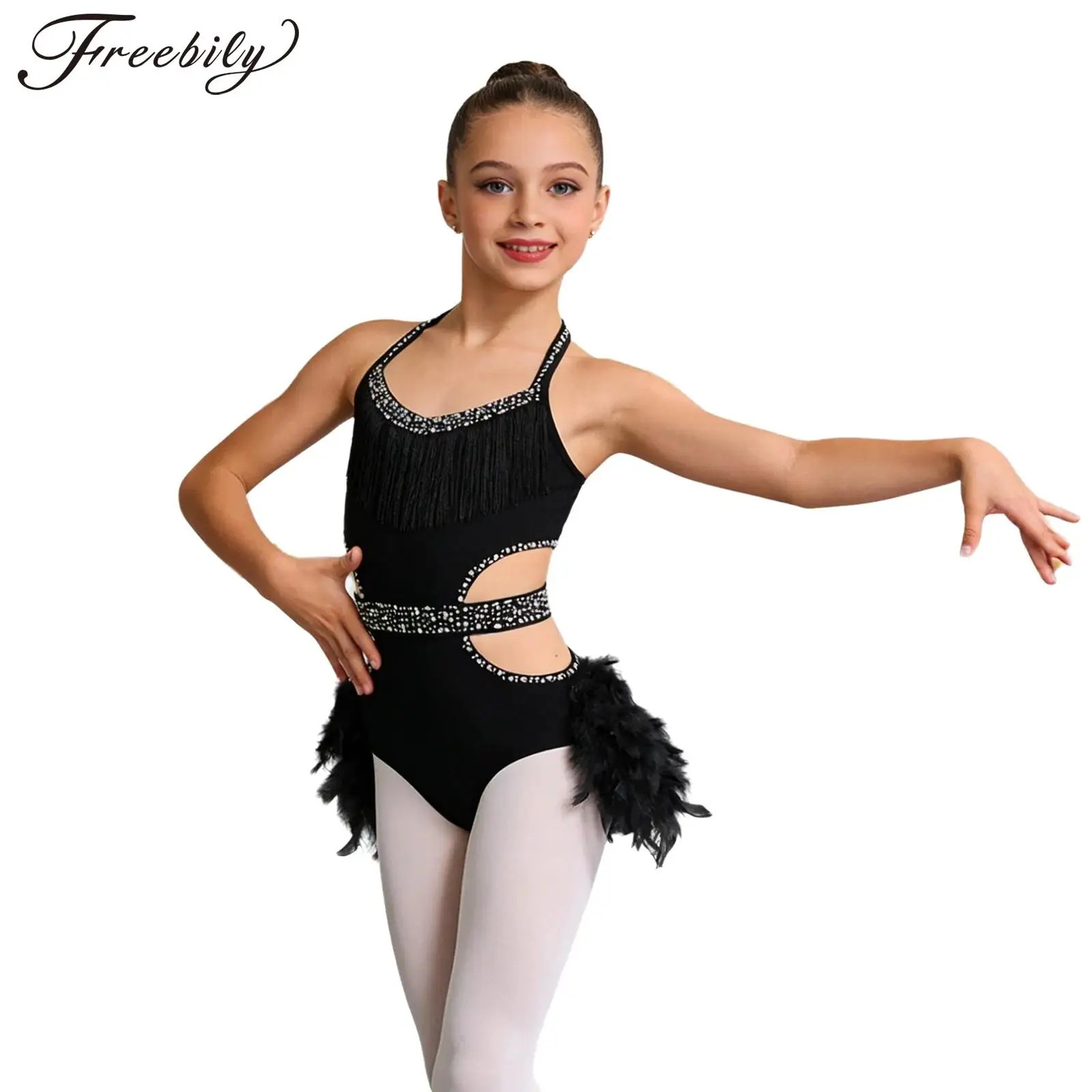 Kids Girls Latin Jazz Dance Tango Rumba Salsa Costume Sleeveless Cutout Sparkly Rhinestones Feather Skirted Gymnastics Leotard
