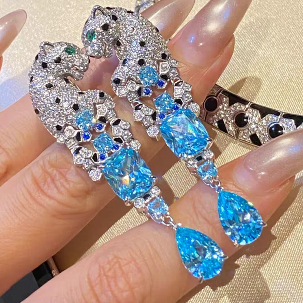 

Top Quality Luxury Lab Blue Aquamarine Silver Ear Clips for Women Black Print Panther Silver Earrings Argent 925 Leopard Jewelry