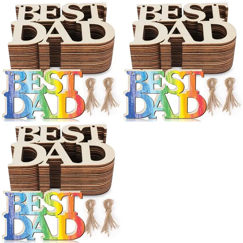 AB33-120Pcs Best DAD Unfinished Wood Crafts, Gift Tags With String For Father's Day Gifts, Dad's Birthday Party Decorations