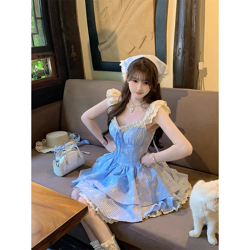 

MEXZT Kawaii Plaid Mini Dress Women Party Ruffles Lace Patchwork Dresses Summer Vintage Korean Flying Sleeve Bodycon Vestidos