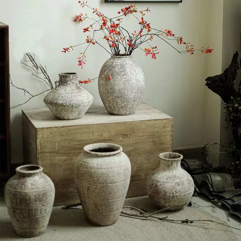 Vintage Coarse Pottery Vase Wabi Sabi Style New Chinese Ceramic Flower Pot Home Decor Balcony Ornament Dried Flower
